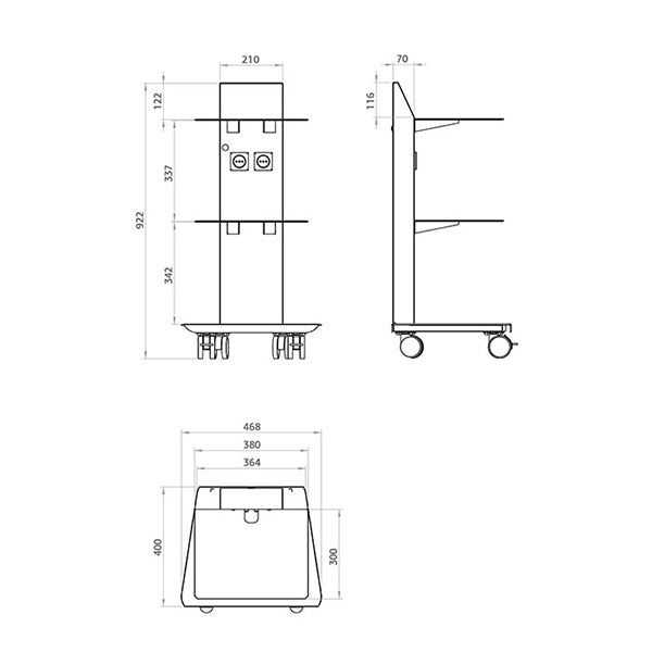 Loran LOGO mobile dental cart with glass shelves and 2 sockets