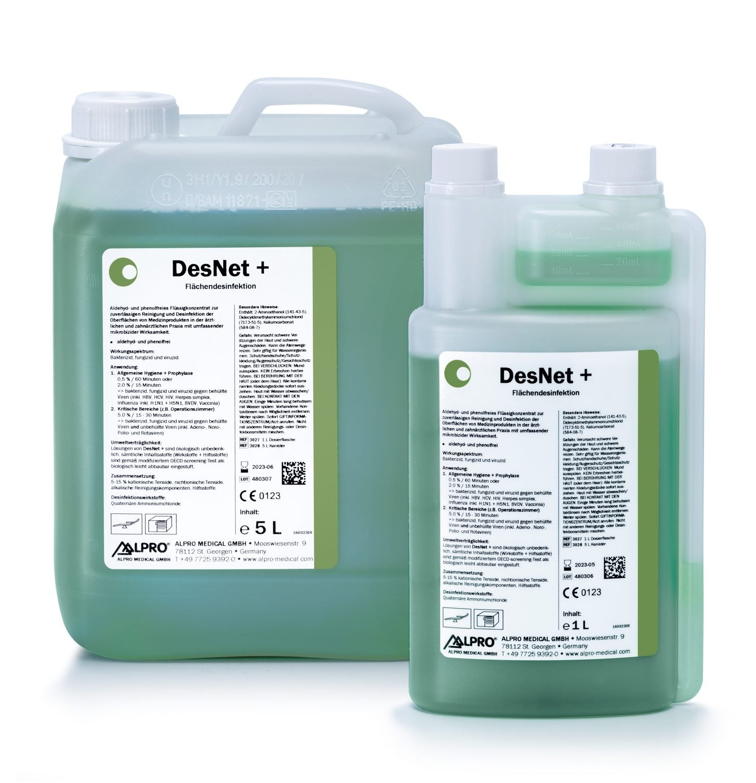 DesNet+ 1 L dosage bottle and 5 L can