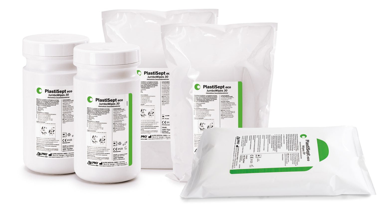 PlastiSept eco JumboWipes 30 dispenser box and refill pack