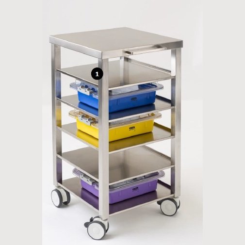 Saratoga Dental S21 stainless-steel transfer trolley with 5 shelves