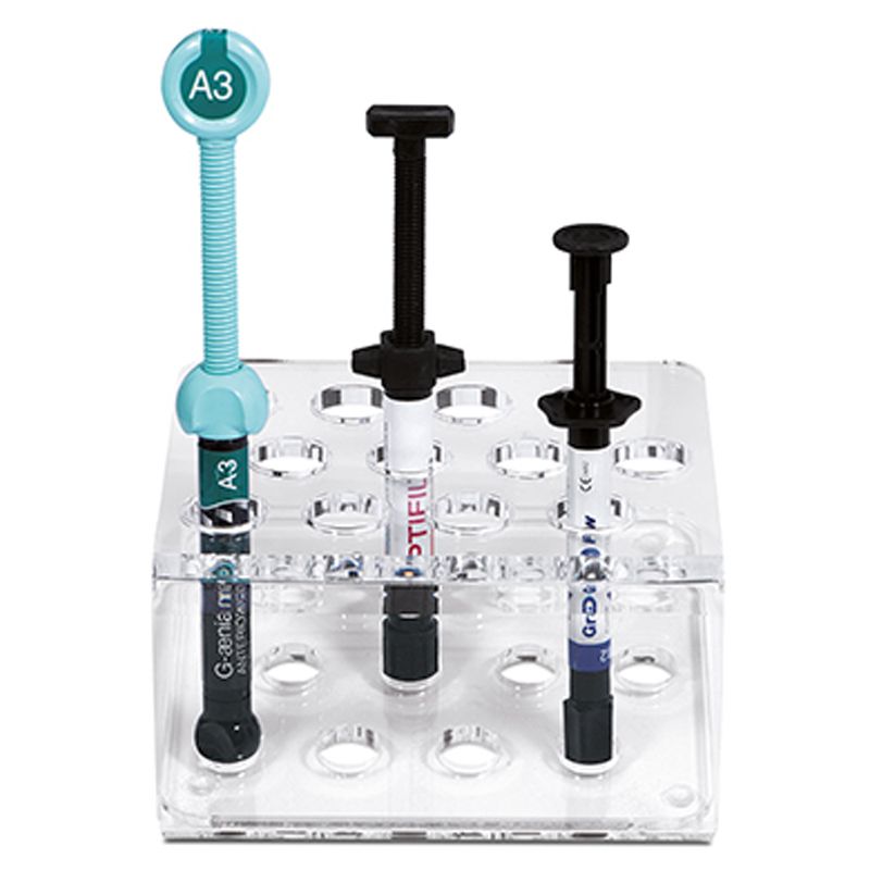 Larident plexiglass syringe holder with 12 openings