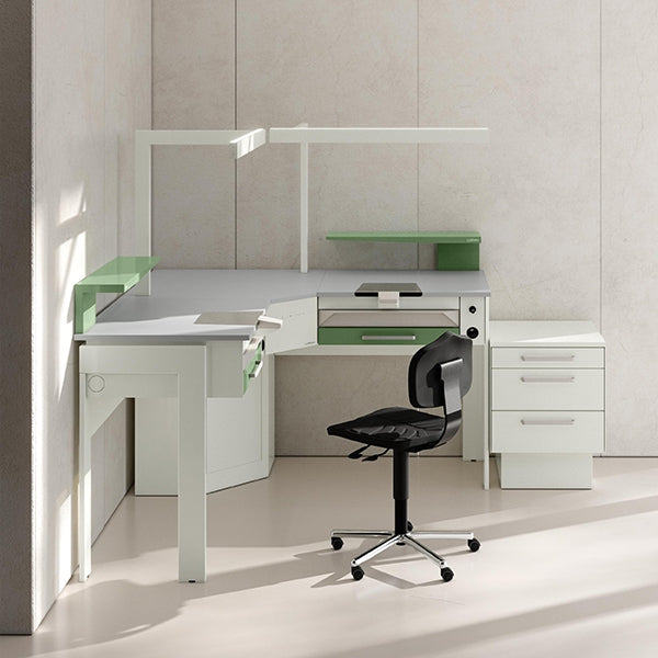 PROF corner dental laboratory bench, 2 workstations, L1866 × D640 × H900 mm