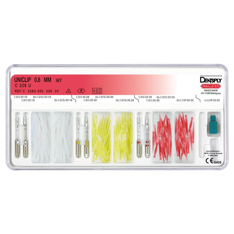 Dentsply Sirona Uniclip 0.8 burn-out post kit, 40 posts